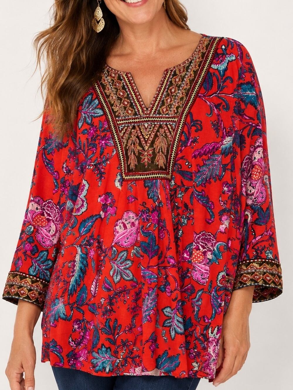 Soft Surroundings Embellished Tunic Top Coral Floral Sequin Boho M